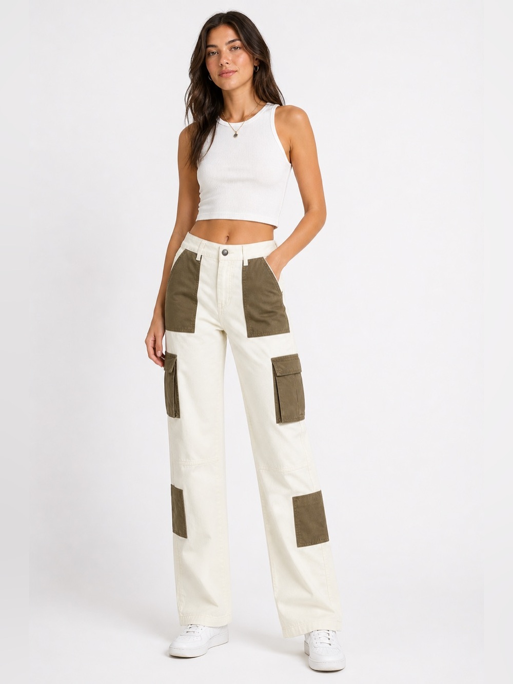Kuwalla Colorblock Cargo Pants – Cream & Olive – Size S stretches to 26” waist